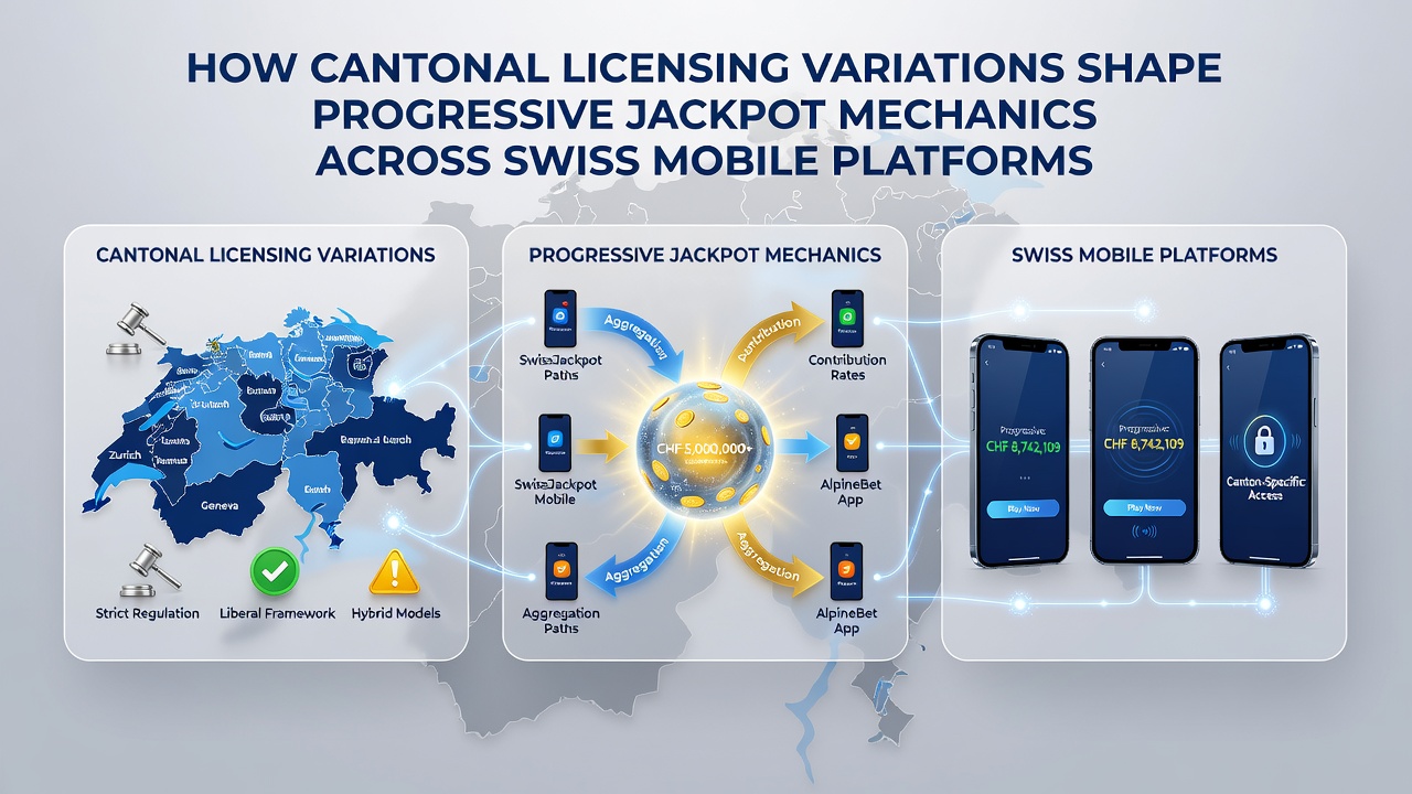 Mobile device screenshots displaying segmented progressive jackpot counters tied to different Swiss cantonal licenses